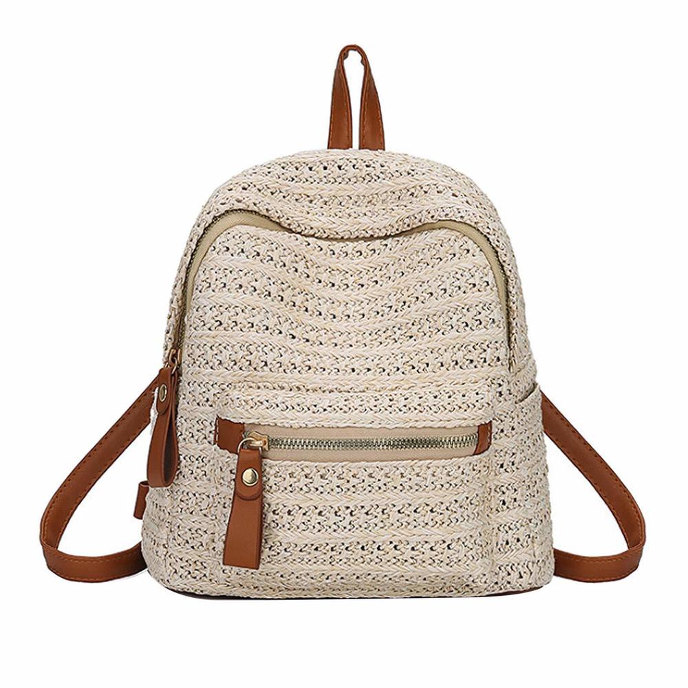 Mini Straw Woven Backpack Small Daypack Convertible Cross-Body Shoulder c: